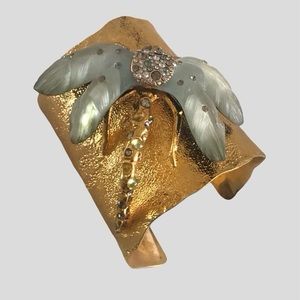 Vuntage Huge Alexis Bittar Signed Carved Lucite Dragonfly Cuff Gold
